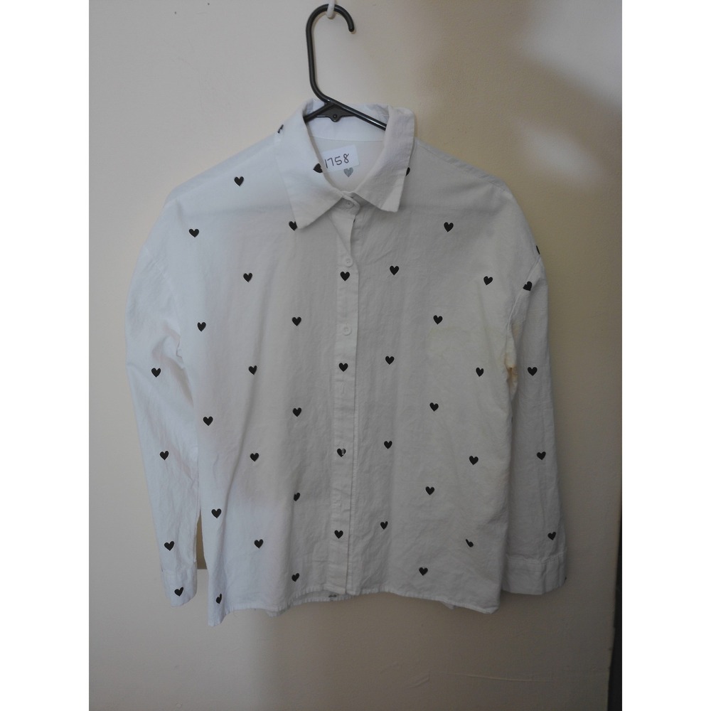 Unbranded Heart Print Button Down Shirt Women Small White Black Whimsical Gauzy